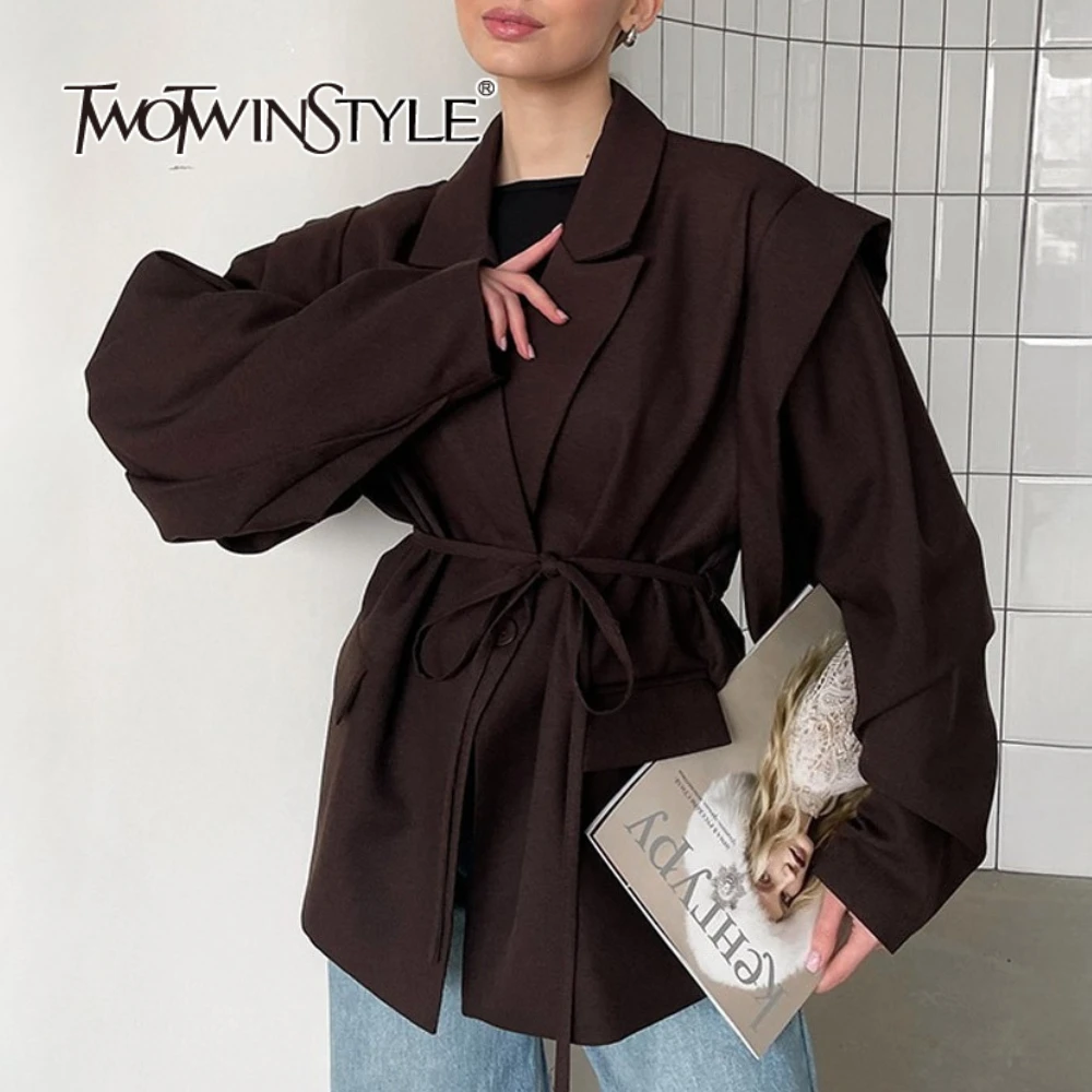 

TWOTWINSTYLE Solid Loose Spliced Lace Up Casual Jackets for Women Lapel Long Sleeves Temperament Jacket Female Fashion Clothing
