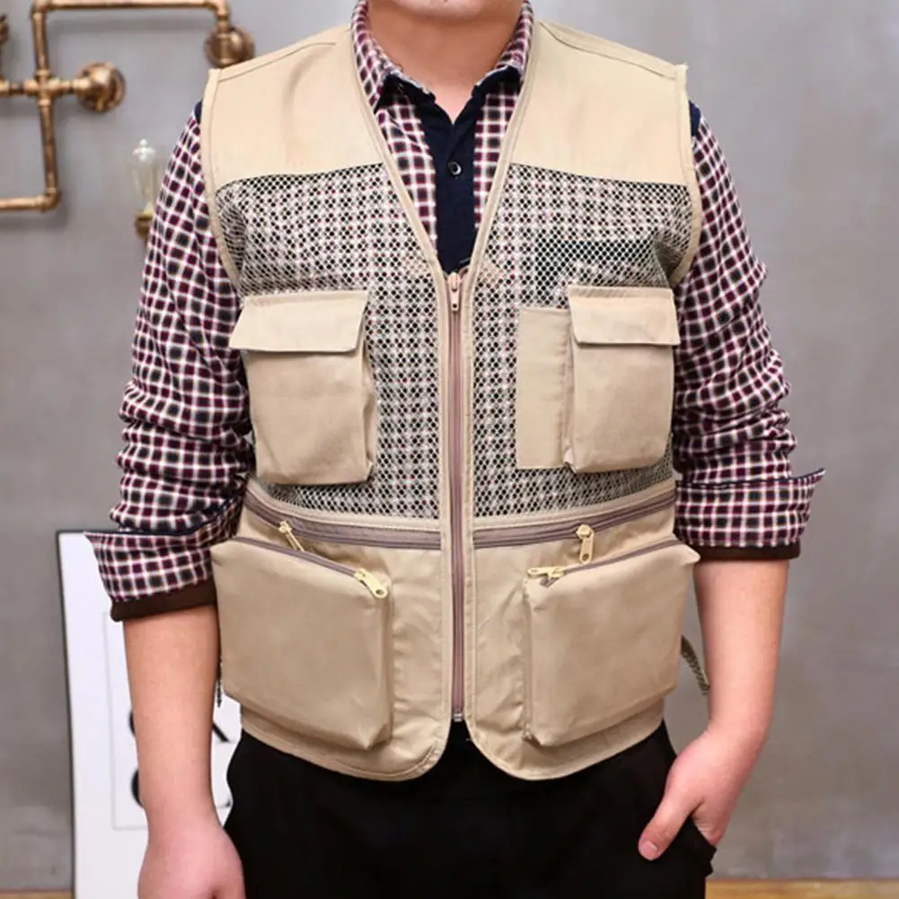 Men Waistcoat Breathable Sleeveless Multi Pockets Zipper Mesh Director Fishing Camping Vest Outdoor Mesh Vest Travel Waistcoat