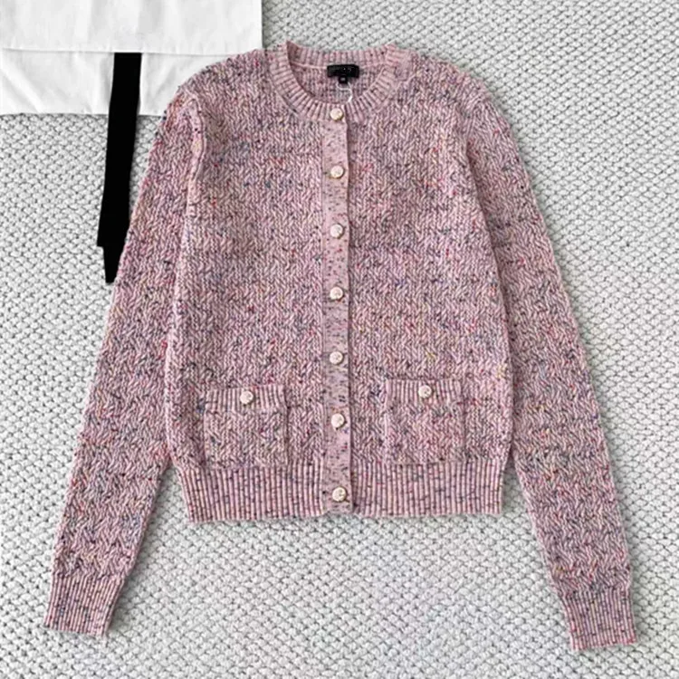 

Customized European and American women's clothing for winter Long-sleeved single-breasted pink wool knitted sweater Cardigan