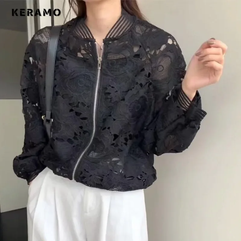 2025 Spring Elegant Style Lady Zipper Floral Print Jacket For Women White Outerwear Casual Fashion Loose Fit Patchwork Coat