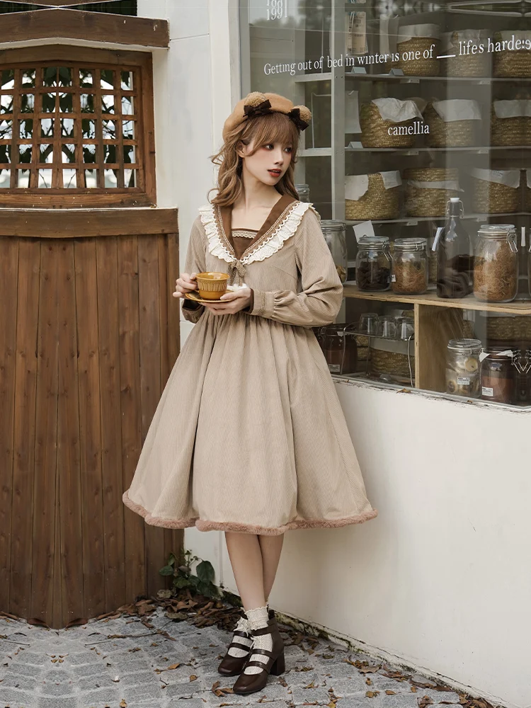 With Puji Original Design Academy Style Long OP Dress/Coat Skirt Autumn/Winter LO Three Piece Set Lolita Sweet Loli Clothing