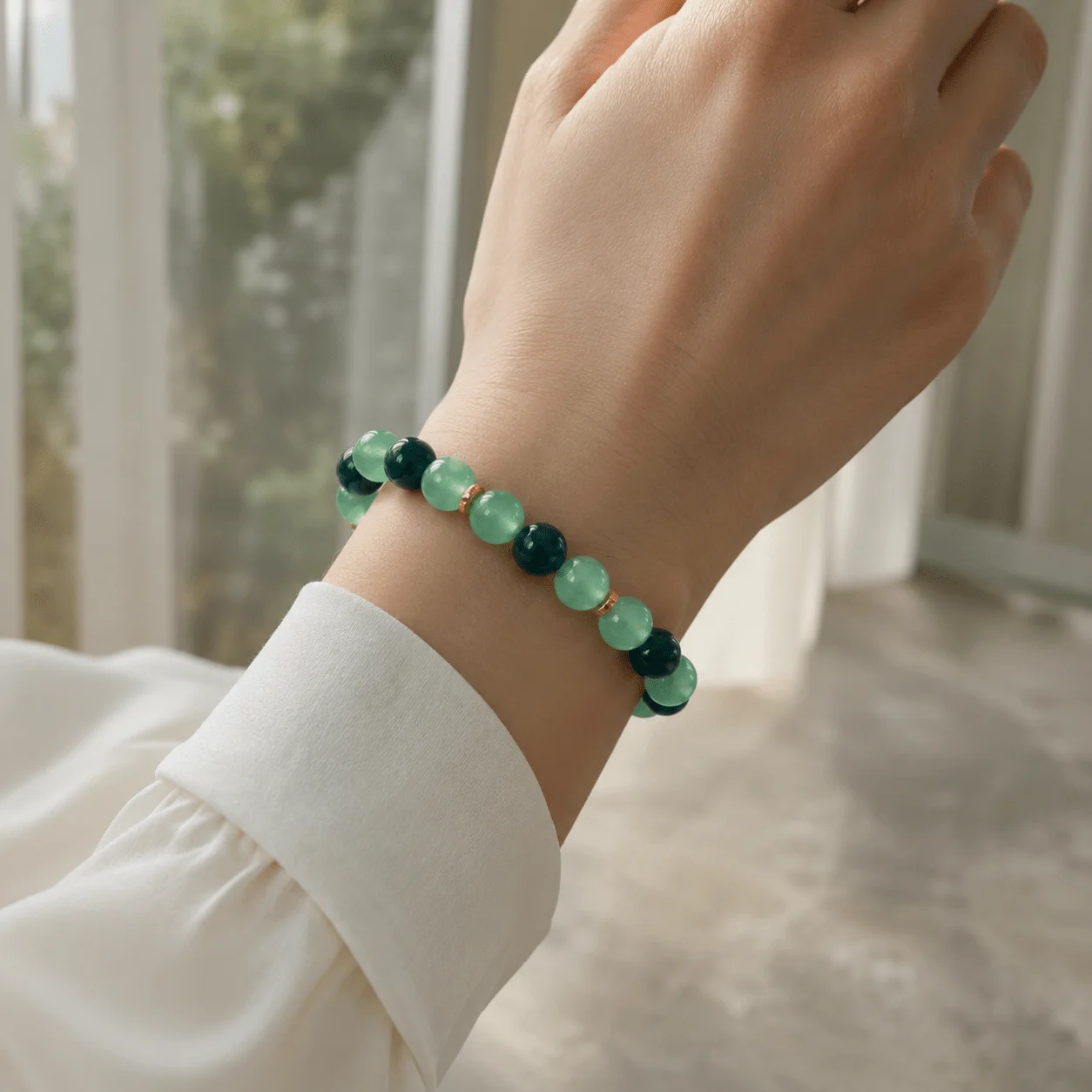 1pc Bohemian Green Beaded Bracelet,Glossy Aventurine Stone - Image 3