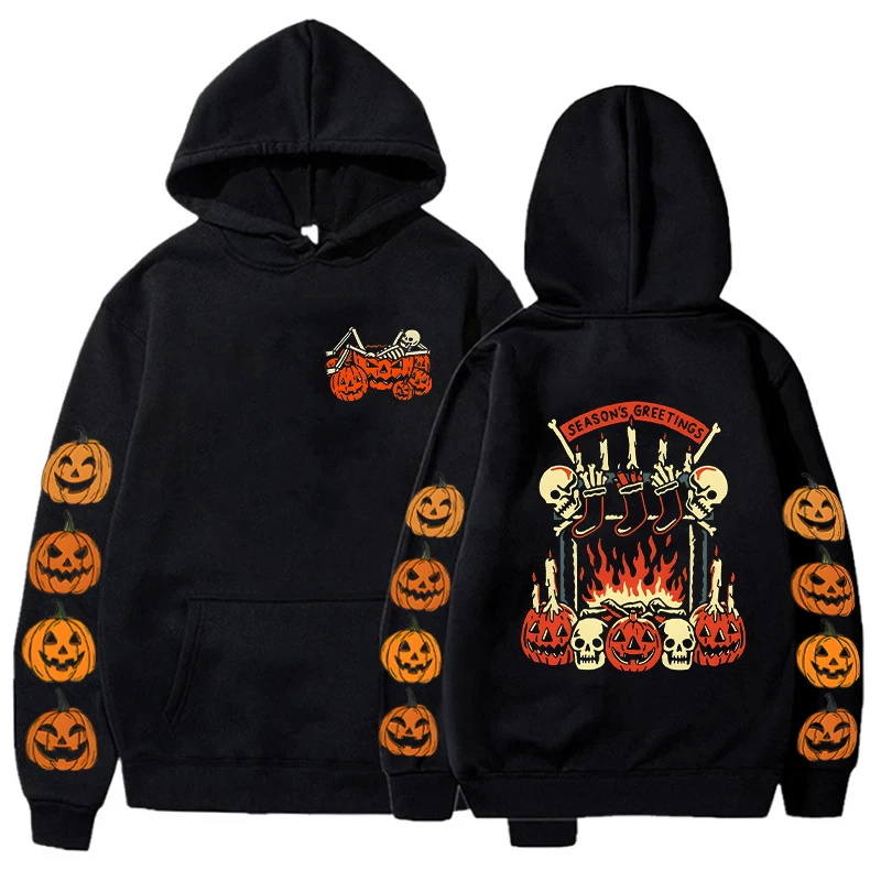 Pumpkin Skeleton Drinking Women Hoodies Casual Pullovers Hoody Funny Skull Halloween Party Designer Graphic Men's Sweatshirts