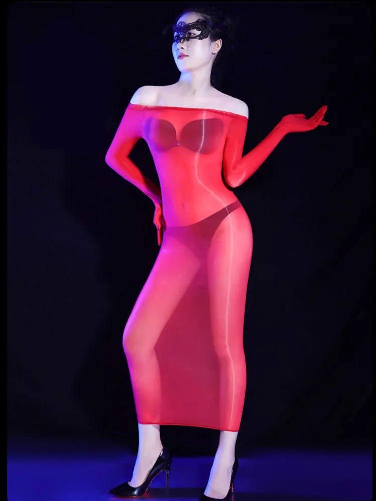 Abiti lunghi trasparenti trasparenti ultra sottili sexy a tubino Abiti tubolari con spalle scoperte in pizzo Guanti a cinque dita Abito alla moda