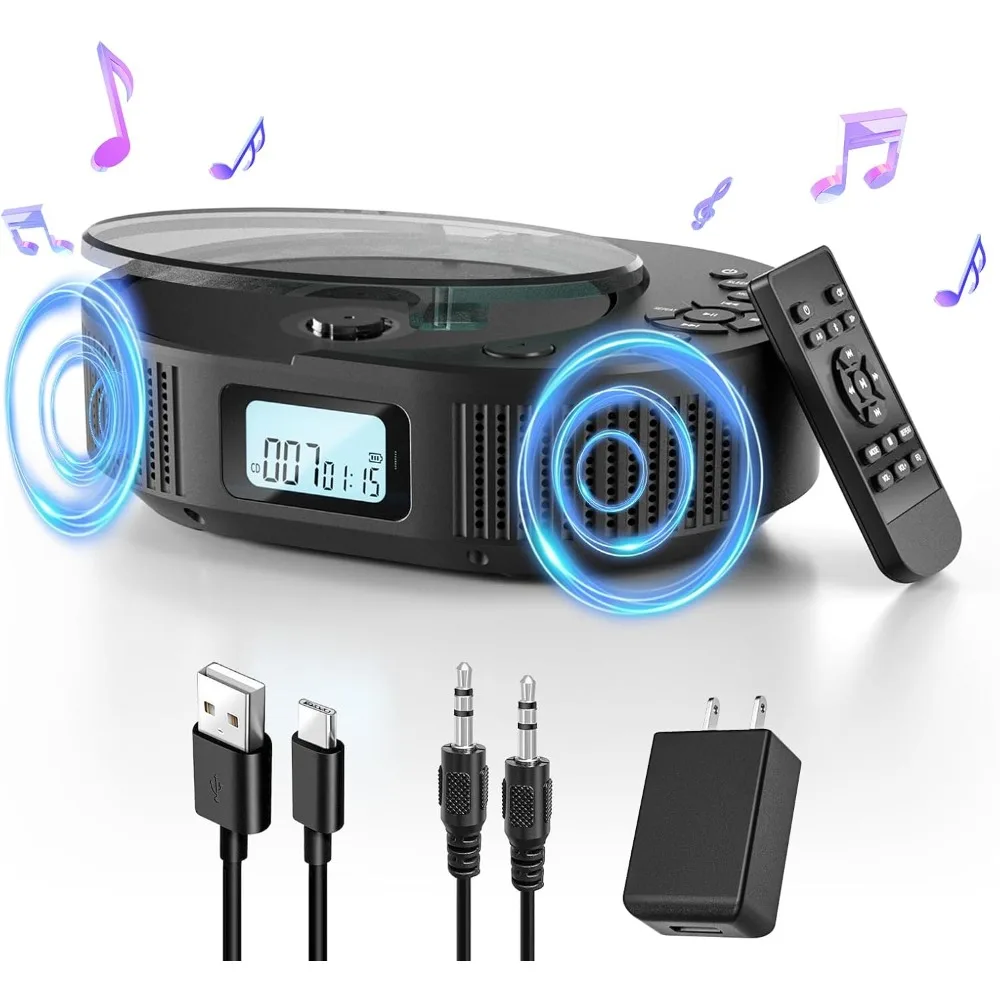 2-in-1 Portable CD Player & Bluetooth Speaker, Rechargeable with Remote, FM Radio, Headphone Jack - Perfect for Car/Home