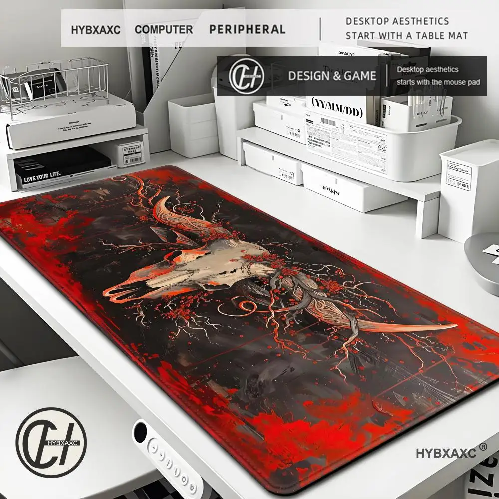

Folkloric cow skull mouse pad: intricate vines on the horns. Gothic skull desk mat, gamer desk setting, large desk mat 800X400