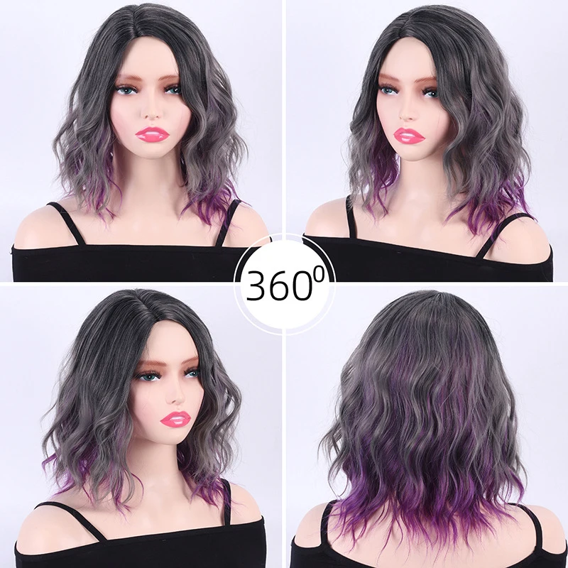 New wig for women, European and American style, synthetic fiber, gray-purple twisted braid, short hair, curly waves