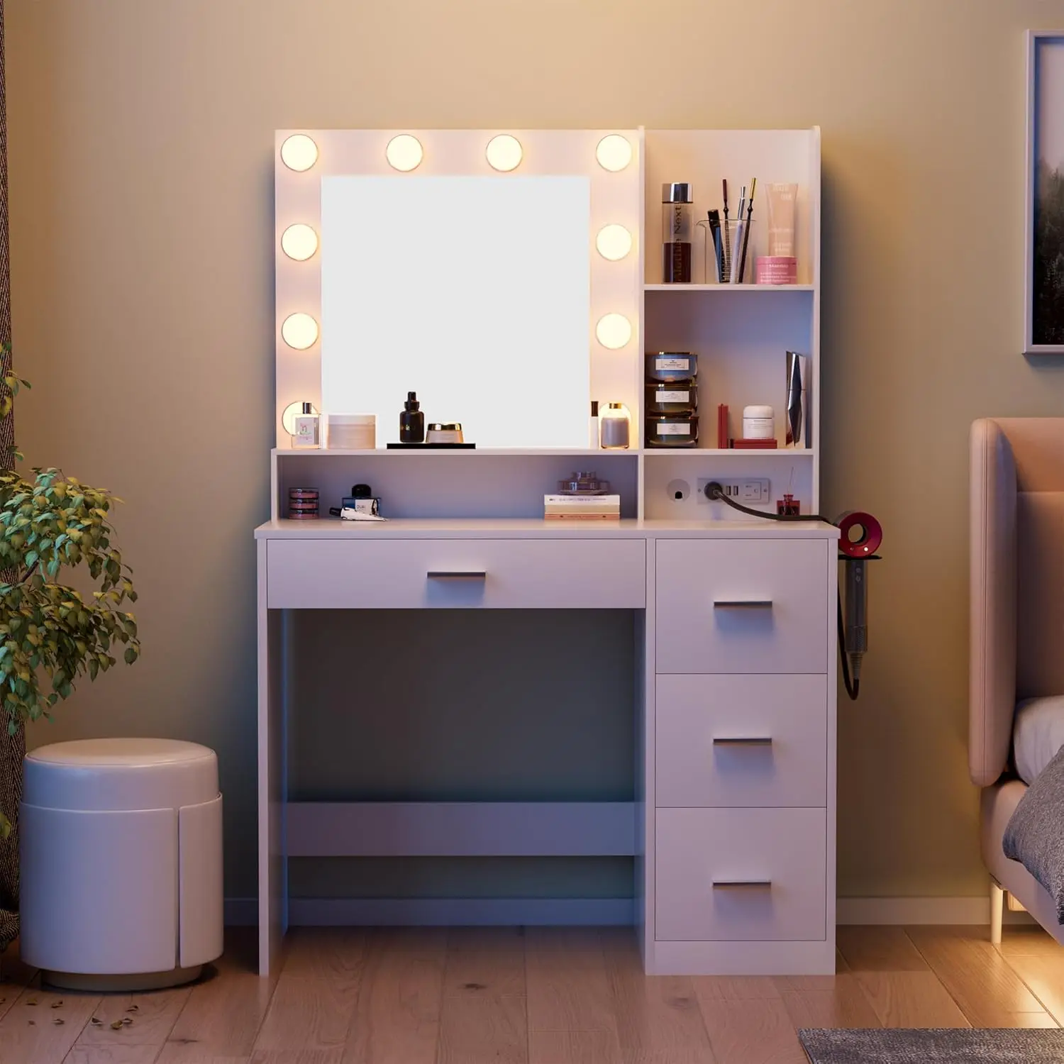 JUMMICO 39.3'' Vanity Desk with LED Lighted Mirror &Power Outlet, Makeup Vanity Table with 4 Large Drawers and 3 Storage Shelves