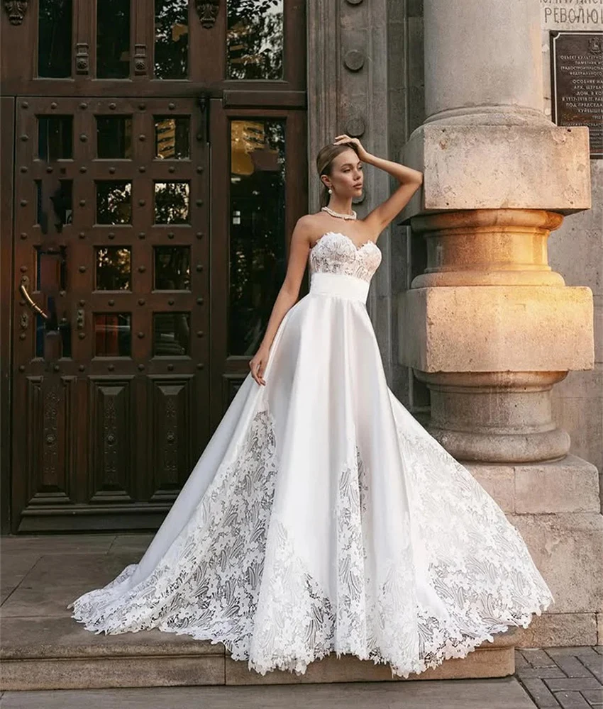 

MCDV Customized Graceful Satin A-Line Lace Flowers Evening Dress High Quality Sweetheart Sleeveless Women Wedding Gowns