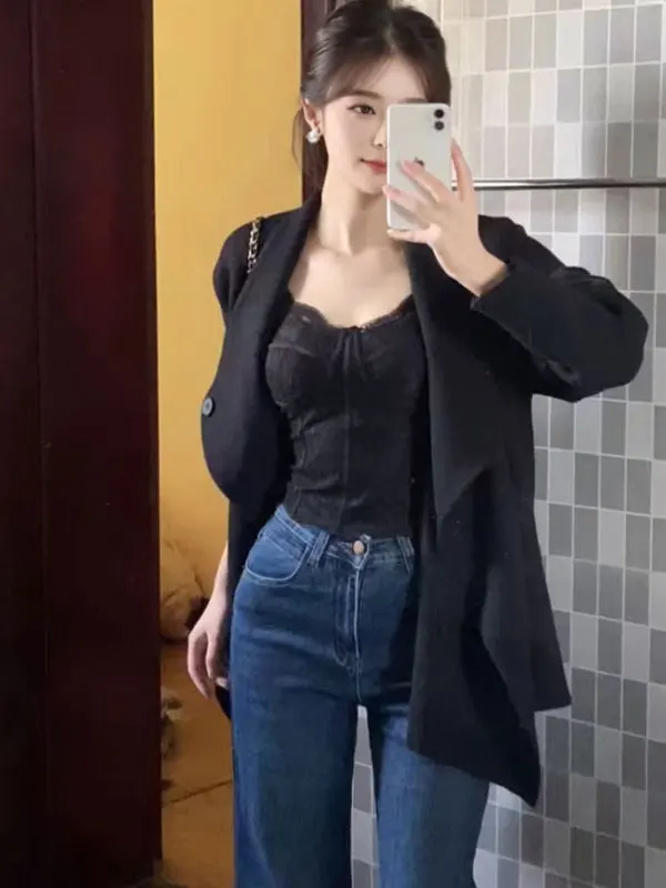 

Korean Sle Hepburn Loose Bla Sweater Faionable Autumn Winter Warm Knitted Long Sve round Ne Top for Young Women