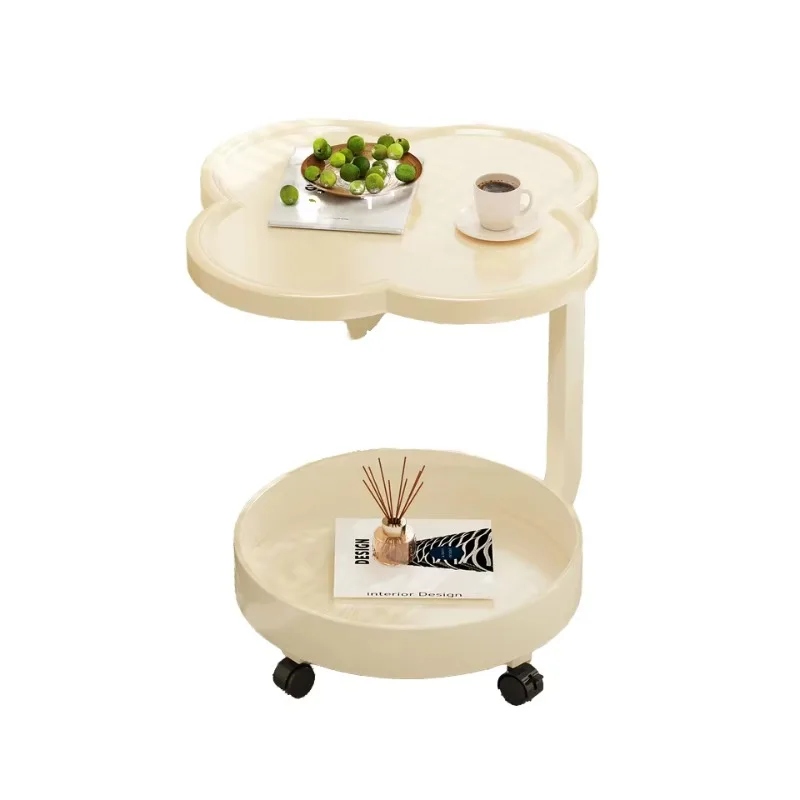 Modern Cream Style Movable Sofa Side Table Wheeled Coffee Table Trolley Storage Rack Small Plastic Bedside Table Set for Balcony