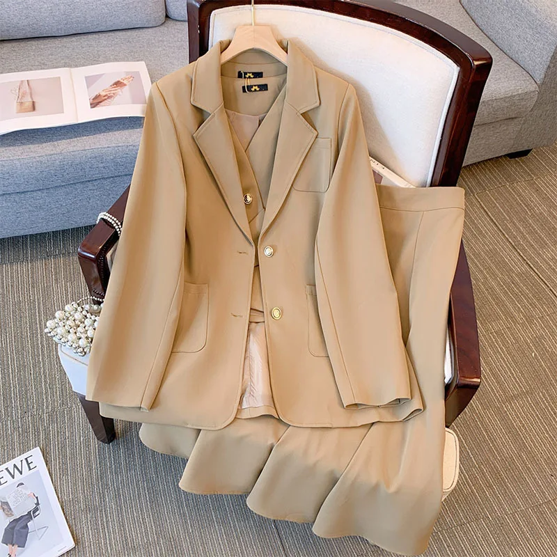 150Kg Plus Size Women\'s Bust 160 Autumn New Professional Casual Suit Coat Vest Half Skirt Three Piece Set 5XL 6XL 7XL 8XL 9XL