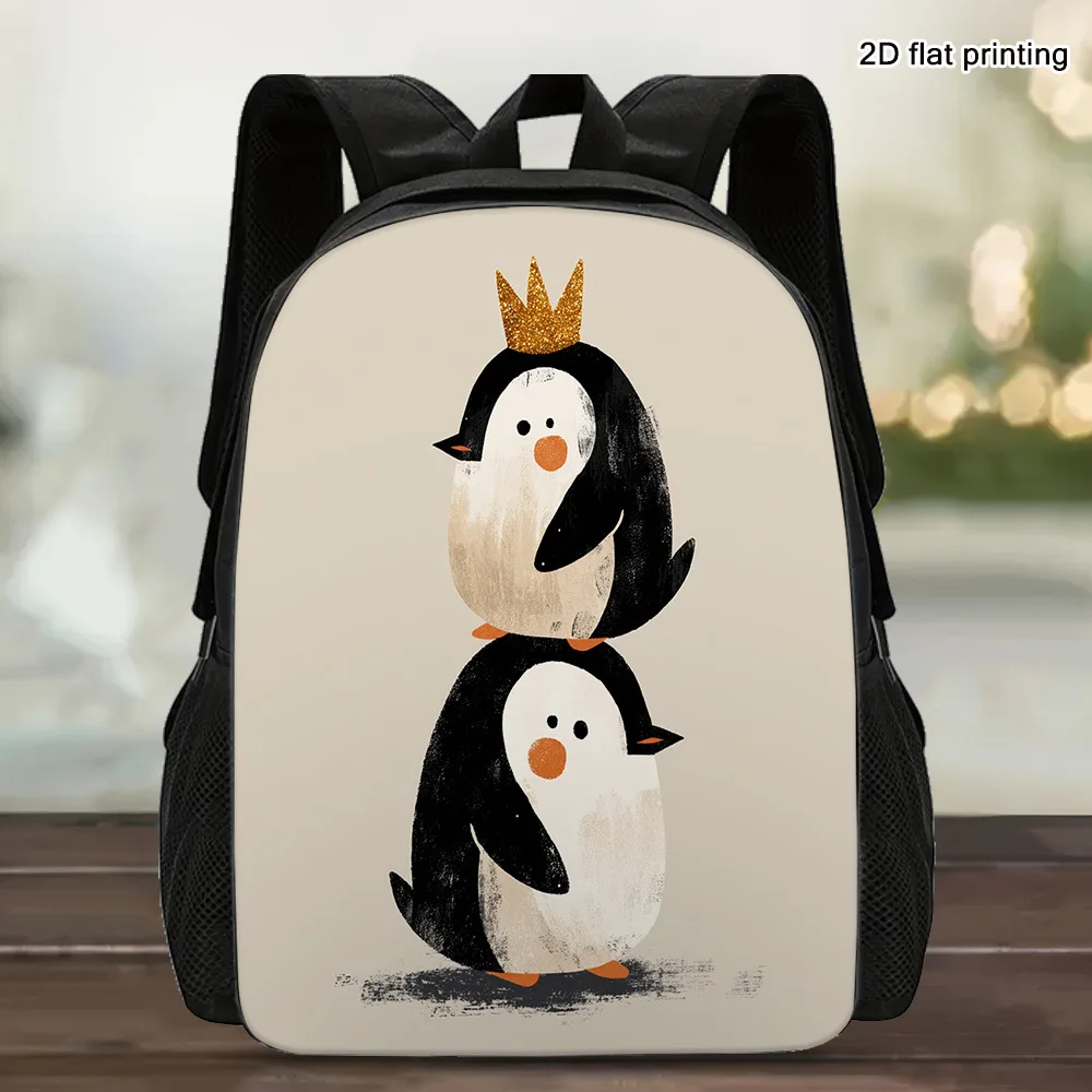 

1 Stylish Royal Penguin Double 2D Flat Printed Backpack - Lightweight Polyester Material, Adjustable Detachable Shoulder Strap
