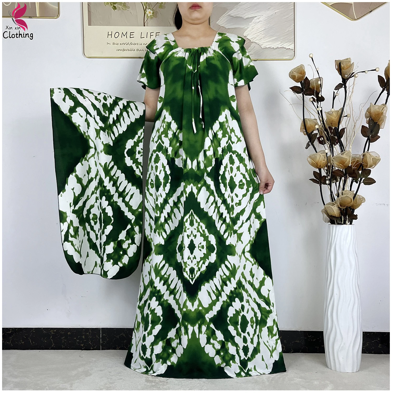 

New Elegant Muslim Dress Tie-dye Boat-neck Short Sleeve Cotton Women Abaya Boho Maxi Dress Casual Dress African Abaya Clothing