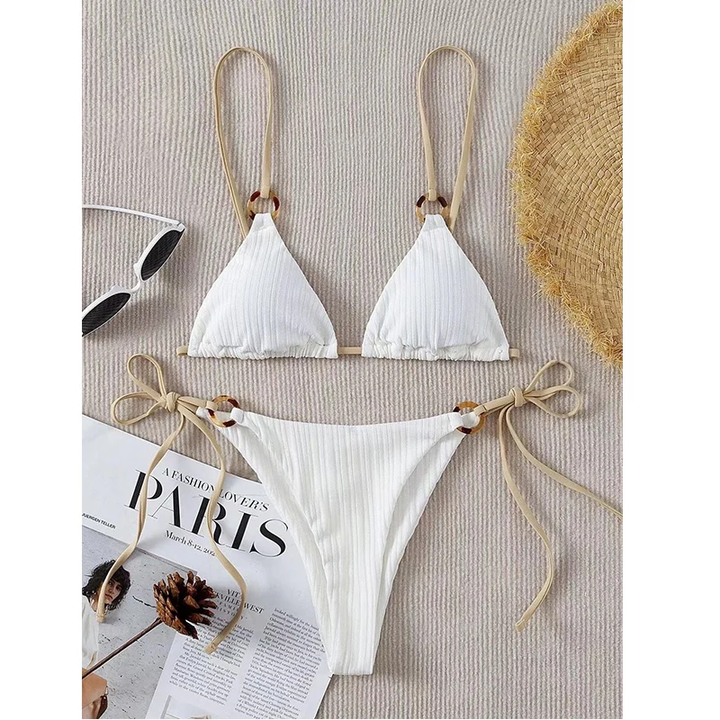 Sexy 2Pieces Push Up Bikini Set Women Swimsuit Beach Bathing Suit Tie-front Feminine Swimwear V-Neck Triangle Top Swimming Suit