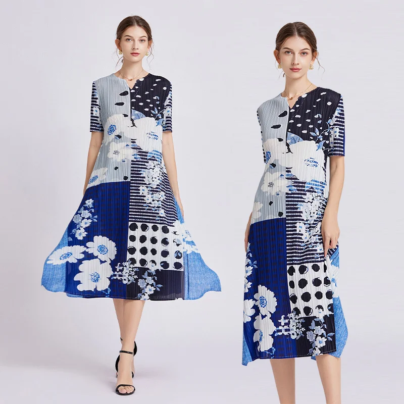 

Coigarsam Women's Summer Dress 2024 Flounced Short Sleeve Print Belt Folds V-Neck Blue Dresses