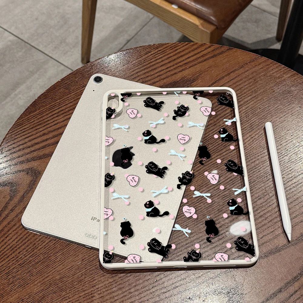 

Ins Love Bow Little Black Cat Y2K Clear Cover For iPad Pro 13 11th M5 M4 12.9 A16 10 8 7 9th 10th Air 11 M2 M3 Mini Tablet Case
