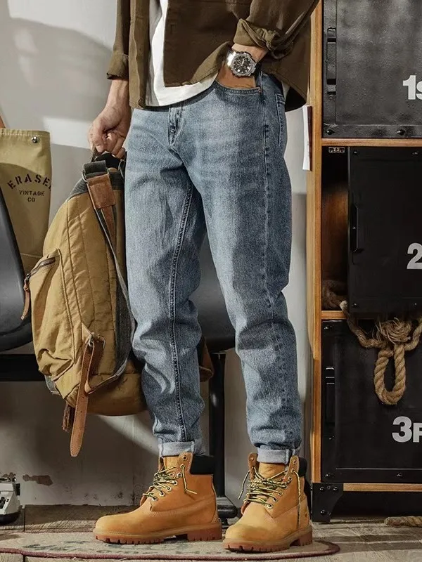 

Loose Fit American Sle Light Blue Denim Jeans Men's Casual Elastic Spring Autumn New Sle Leisure Long Pants