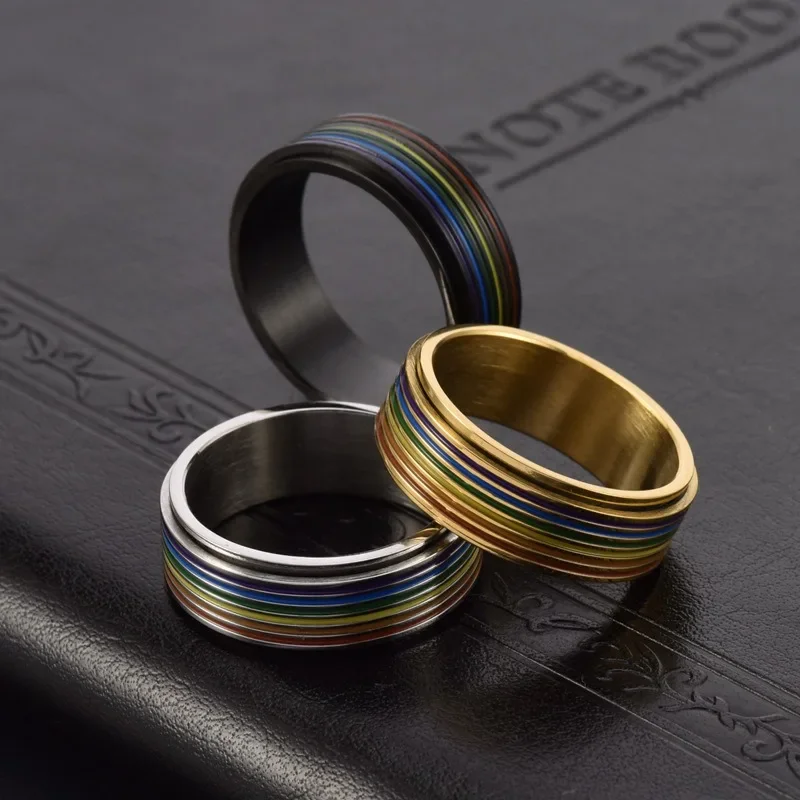 Somen 8mm Titanium Steel Rainbow Flag Gay Lesbian Rings For Men Women Personality Stainless Steel Rotating Ring Fashion Jewelry