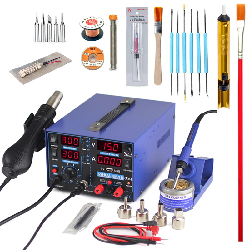 YIHUA 853D Rework Soldering Station 3 IN 1 SMD Soldering Iron Hot Air Gun With 5V 2A USB DC Power Supply BGA Welding Repair Tool