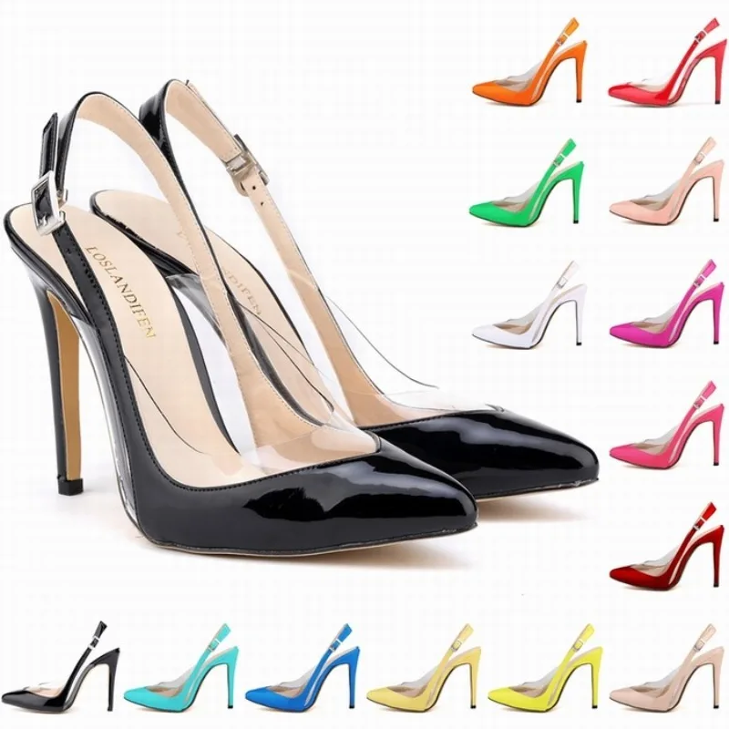 Loslandifen sandálias femininas stilettos verão tamanho grande 42 sexy transparente pvc apontou dedos fivela cinta sandália sapatos de casamento