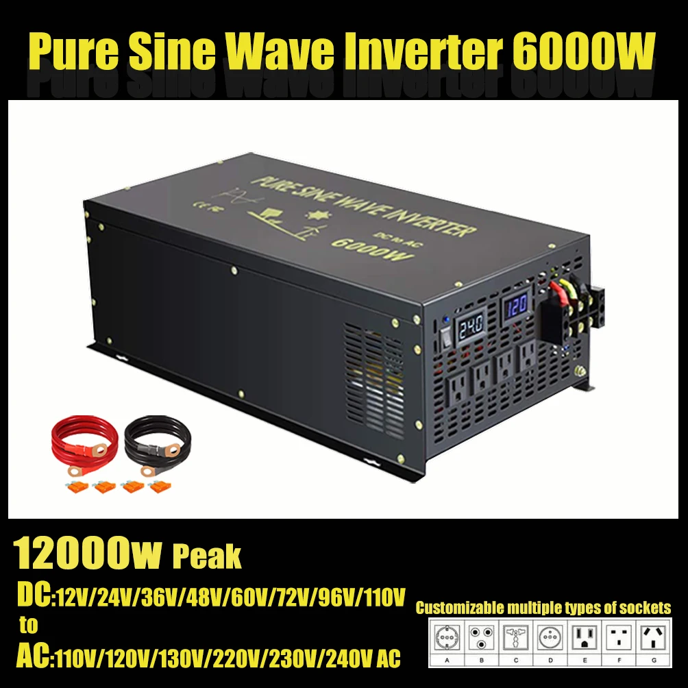 

Pure Sine Wave Solar Inverter 6000W 12V 24V 36V 48V 96V DC to 120V 230V 240V AC Converter Car Power Inverter for Home Power Bank