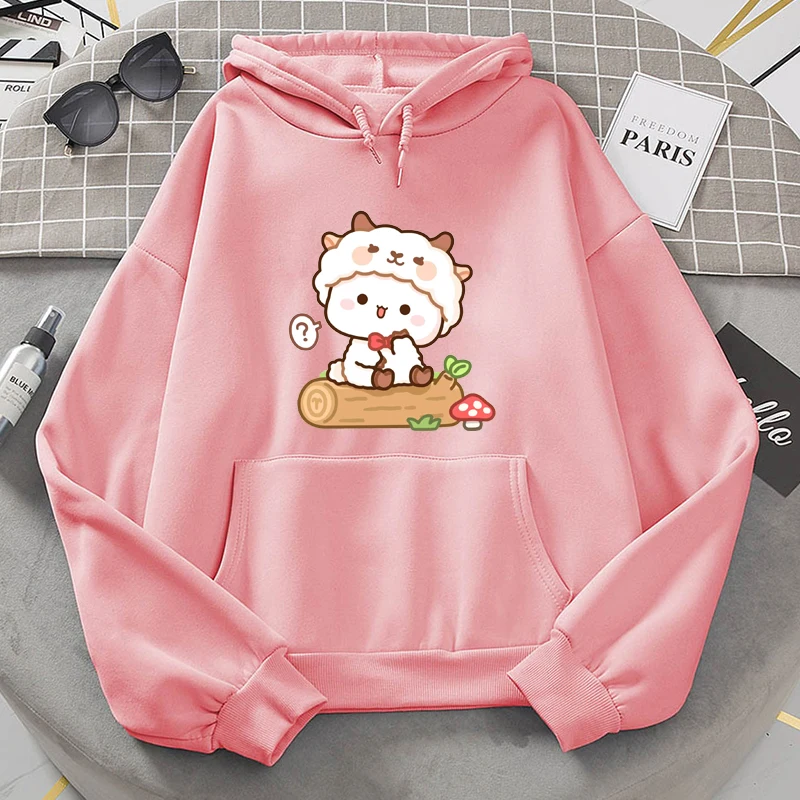 Kawaii Peach Cat and Grey Aries Hoodie Cartoon Pattern Warm Winter Constellation Clothes Women Men Couple Printed Sportswear