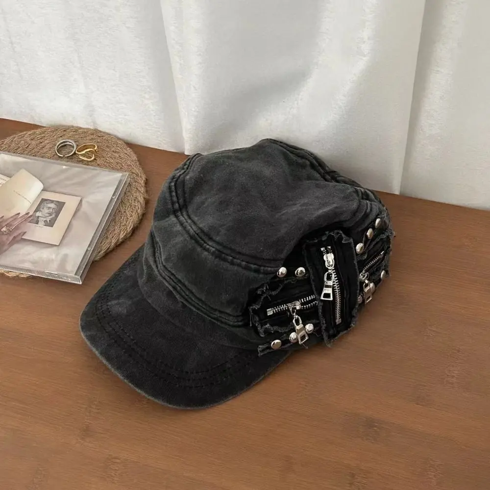 Washed Cotton Rivet Flat Top Metal Rivet Octagonal Shape Denim Beret Zippers Detail Flat Top Octagonal Hat Streetwear