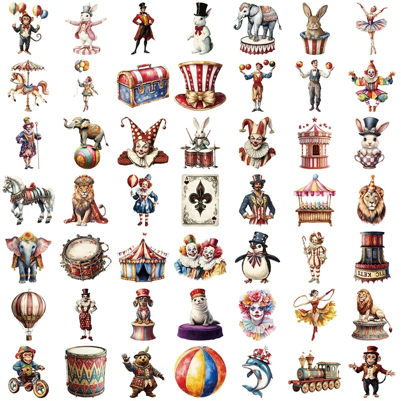 50PCS Kawaii Circus PET Sticky Sticker Aesthetic Tear Open Transparent DIY Decoration Scrapbooking Stationery Supplies