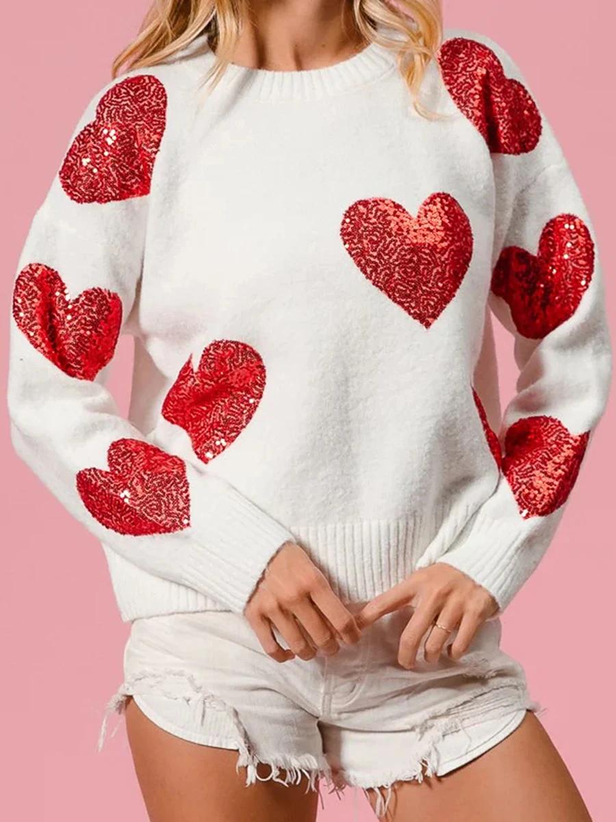 Women's Valentine's Day Knit Sweater Long Sleeve O Neck Sequins Heart Knitwear Tops