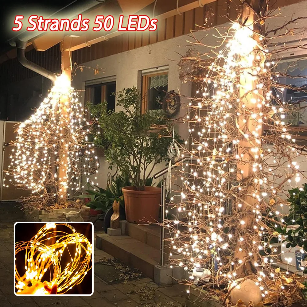 LED Christmas Tree Waterfall Fairy Lights Battery Operated Outdoor Waterproof Copper Wire String Lights Garden Party Xmas Decor