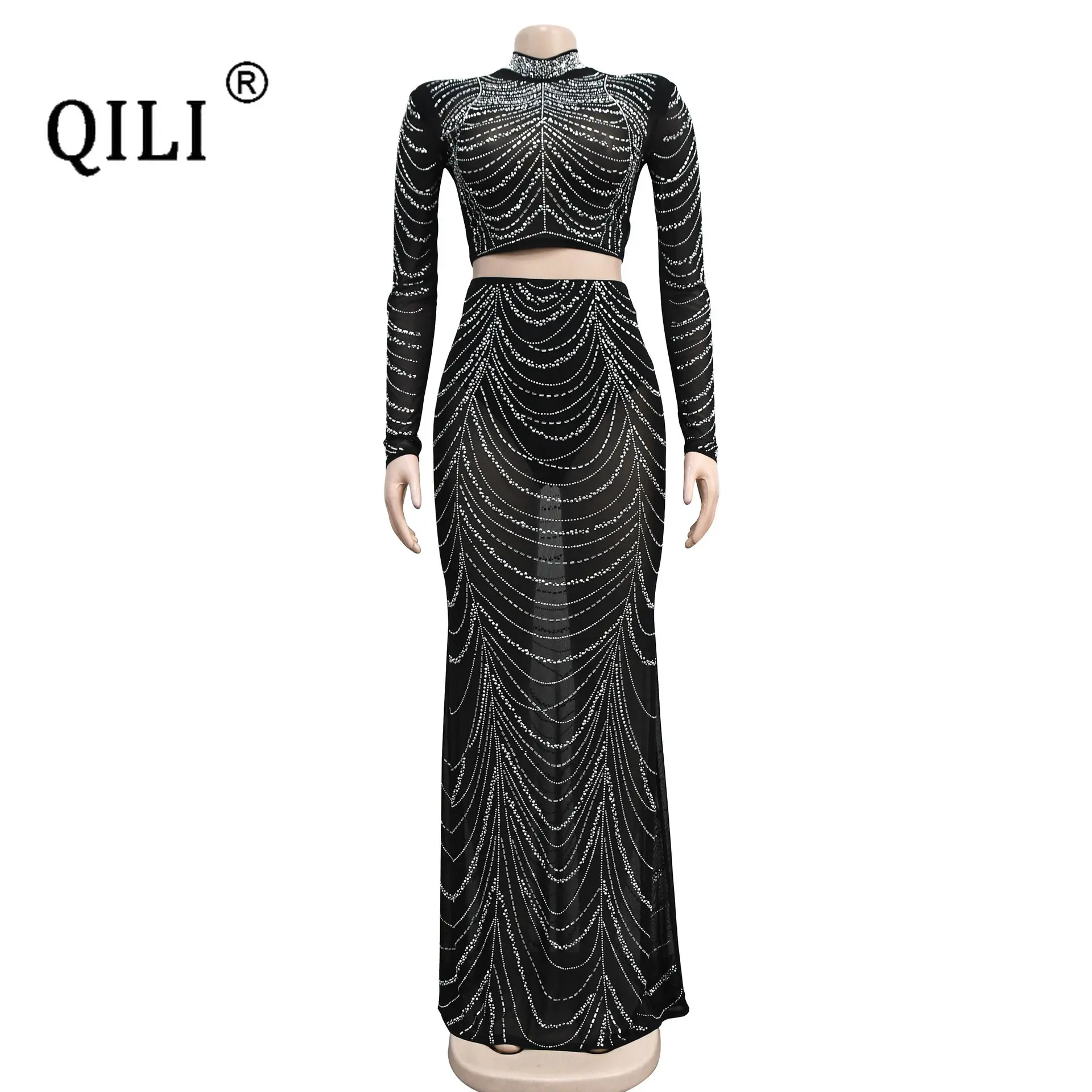 QILI-Diamonds Rhinestone Sets for Women, Dress Top and Long Skirt, Matching Sets, Party and Club Outfits