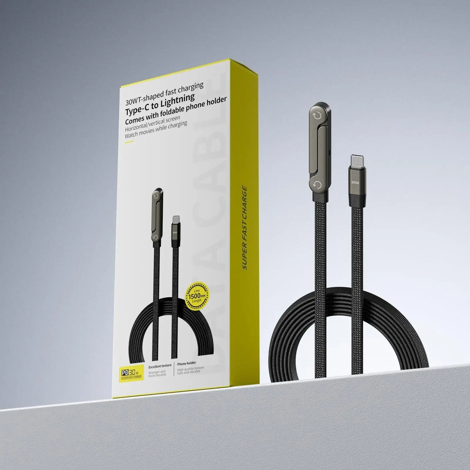 

Sideways Phone Charger Cable Built In Phone Invisible Stand fast Charging Cord with Folding Phone Stand 2-in-1 Holder