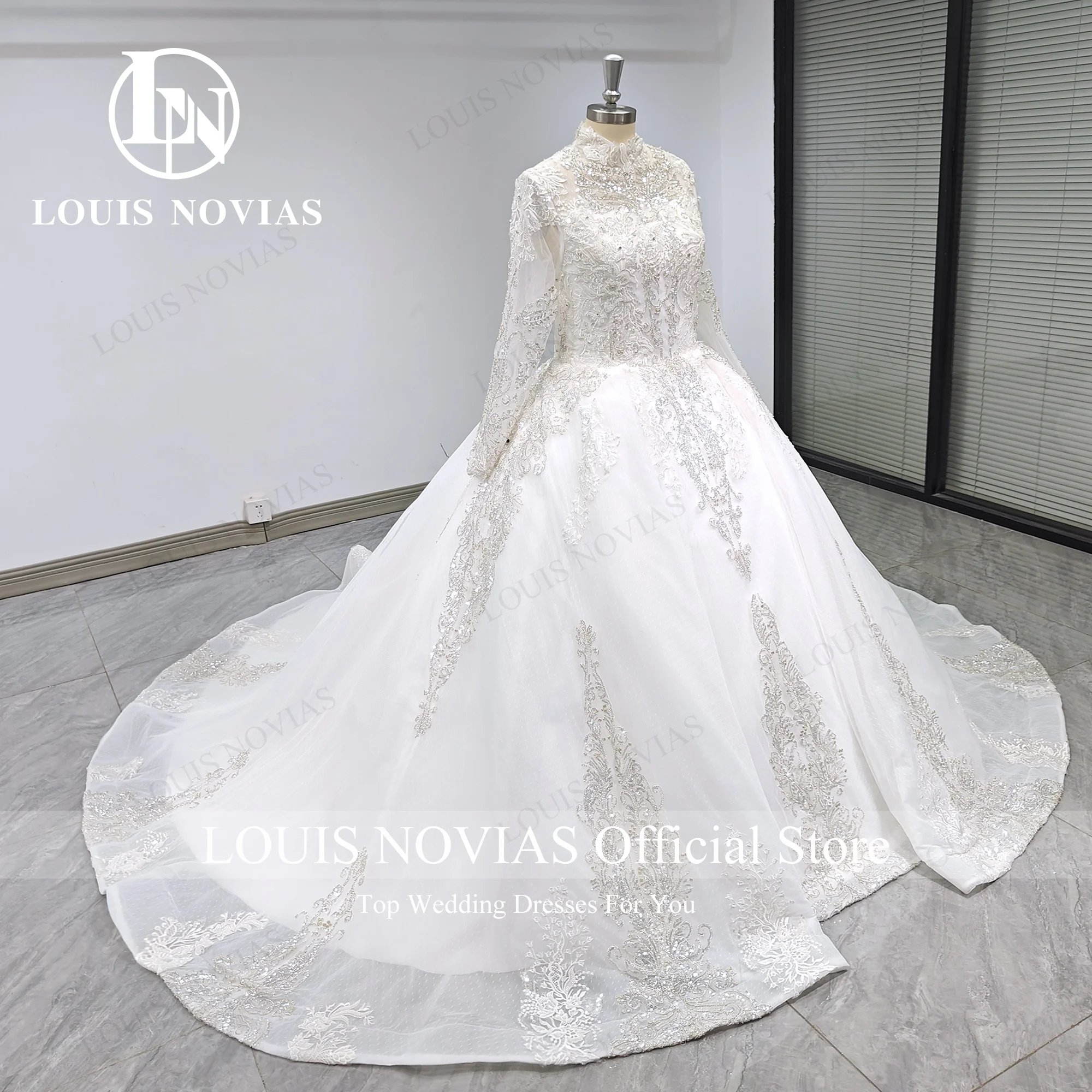 Suknia balowa LOUIS NOVIAS suknia ślubna 2024 prawdziwe zdjęcia wysoko długo rękaw haftowana cekinowa suknia ślubna koronkowa Vestidos De Novia