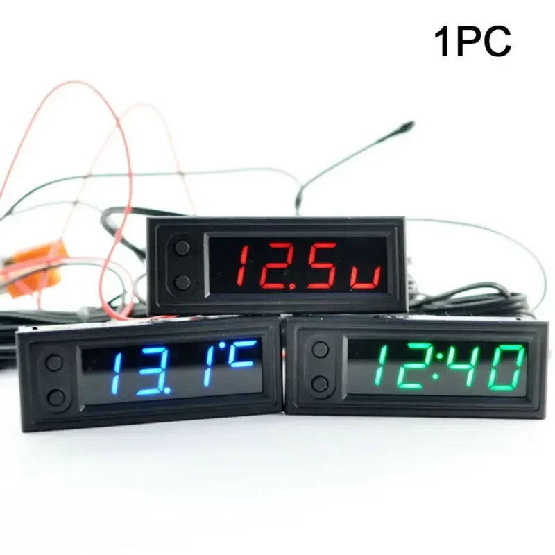 3in1 Vehicle Thermometer Voltmeter Clock LED Digital Voltmeter Panel Meter Red/Blue/Green 12V Car Electromobile Motorcycle