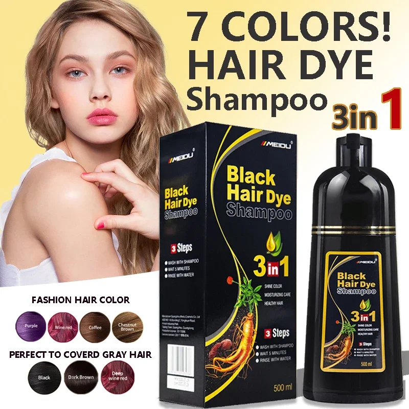 500ml MEIDU Original 3in1 Hair Darkening Dye Shampoo Herbal Ingredients Color Hair Care Shampoo Gray To Black for Men Women