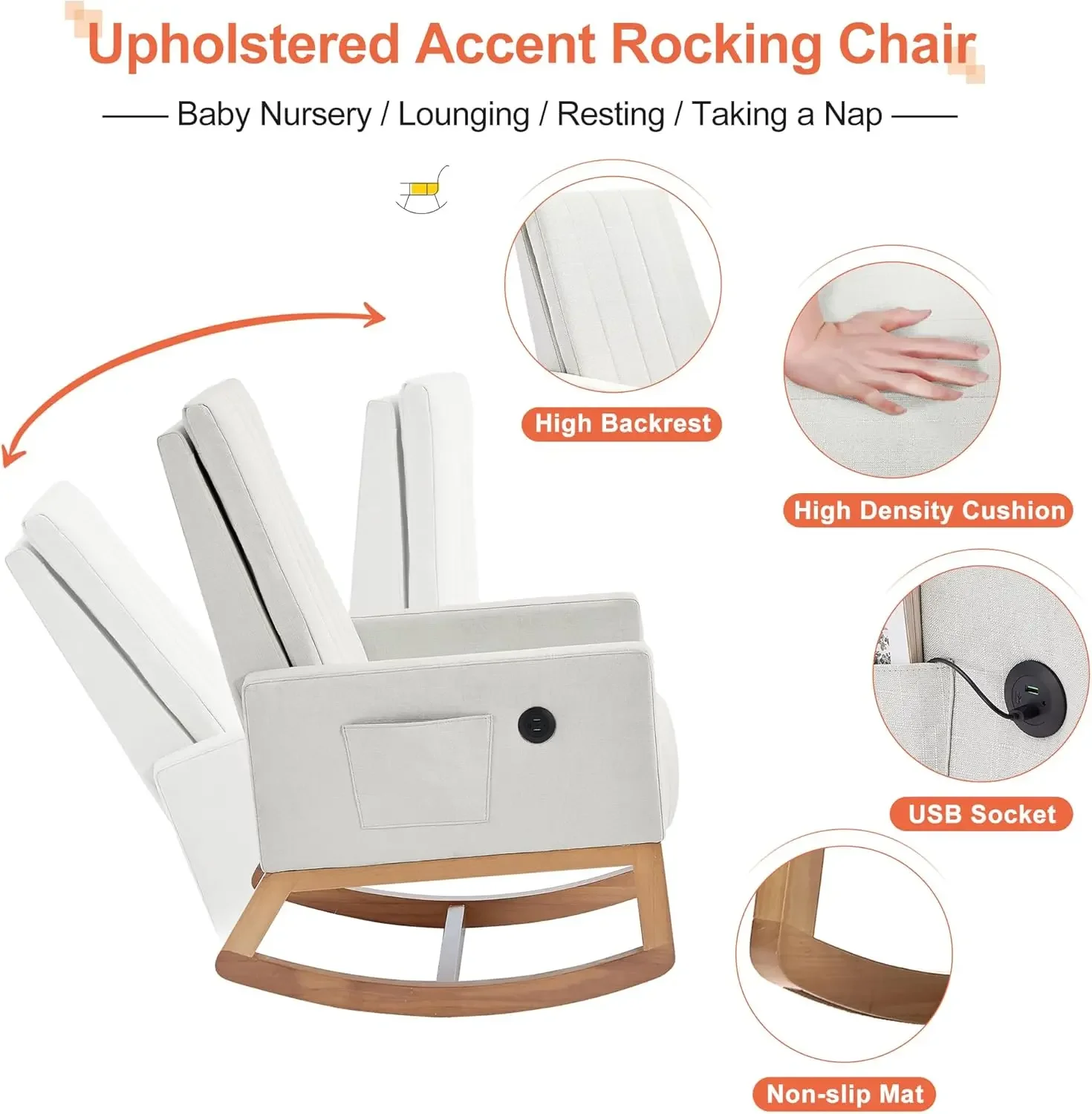 Rocking Chair, Upholstered Glider Rocker for Nursery Comfy Armchair with Safe Solid Wood Base/USB Port/Side Pocket for Living Ro