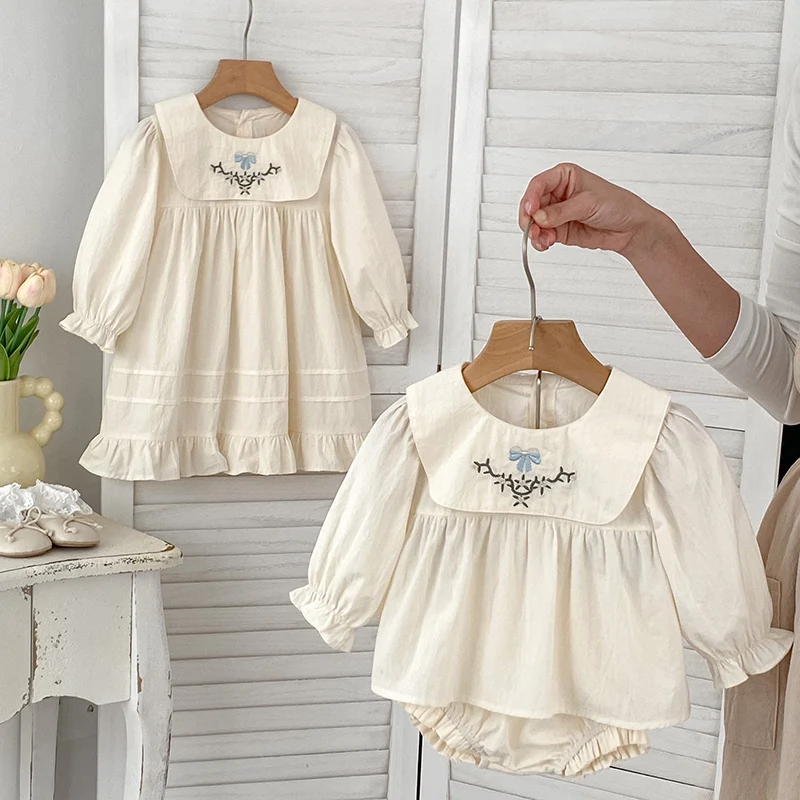 2024 New Autumn Sister Clothes Kids Princess Dresses Baby Girls Dress Long Sleeved Cotton Embroidery Baby Girl Clothing Suit