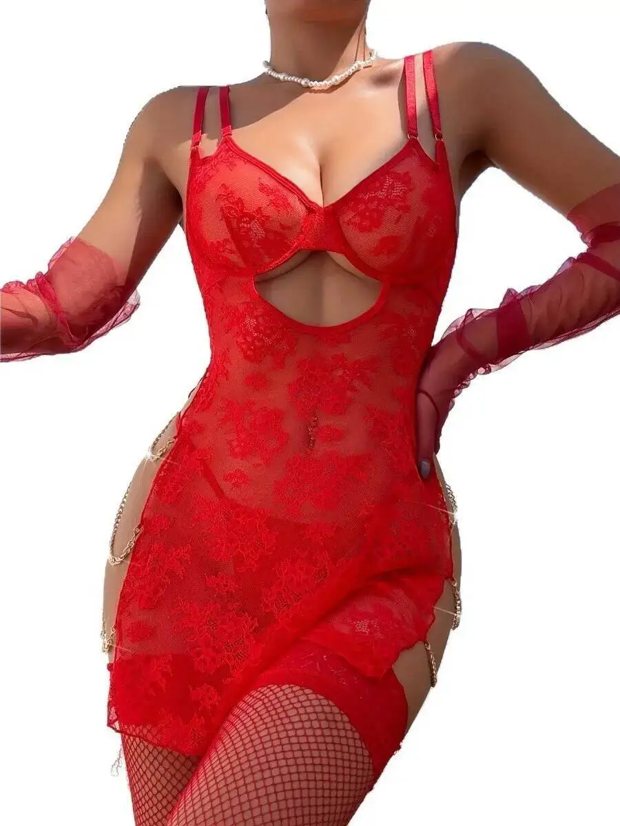 فستان نوم صيفي جديد من الدانتيل الأحمر لعام 2025-مع أحمر مجوف لعيد الحب بدون ظهر بحمالات عميقة على شكل حرف V بدون أكمام فستان شفاف P20K #6