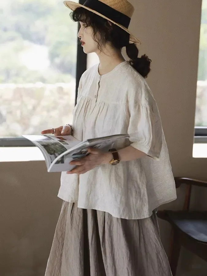 

Retro Pure Color Cotton Linen Shirt Women's Short Sleeve Summer Loose plus Size Doll Collar Linen Top Casual Style Loose Fit