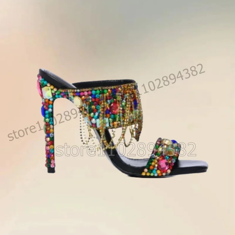 

Colorful Jewel Crystal Chain Decor Open Toe Slippers Slip On Women Shoes Thin High Heels Fashion Party 2026 Zapatos Para Mujere