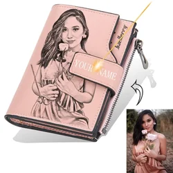 Cartera con nombre de foto personalizada para hombres y mujeres, monedero corto de cuero PU con tres pliegues y cremallera, monedero Retro de alta capacidad, regalo