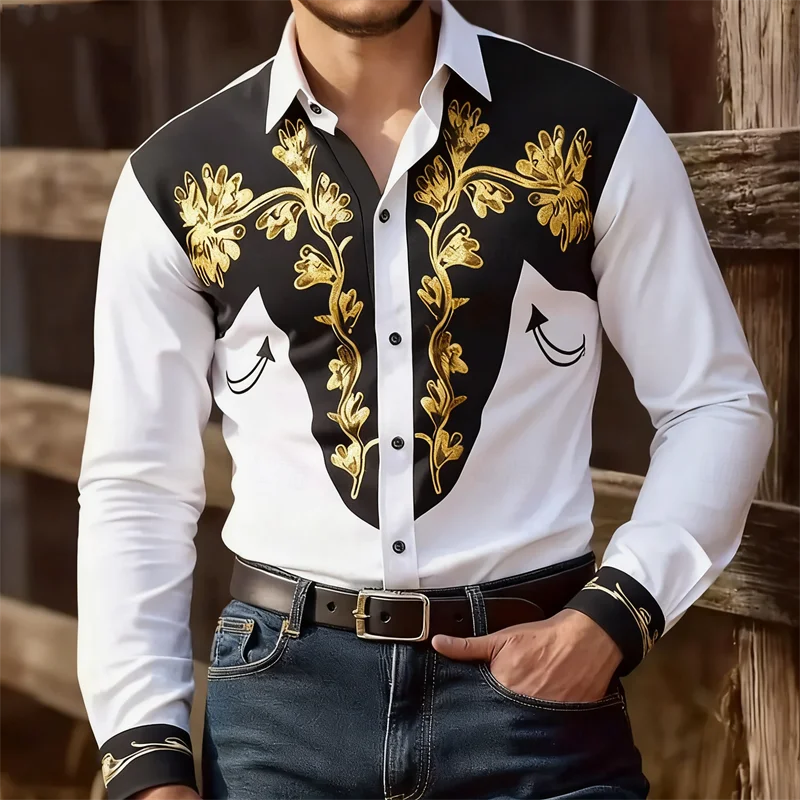 Men's 3D floral printed ethnic shirt Western style shirt Cowboy shirt Long sleeved retro outdoor top