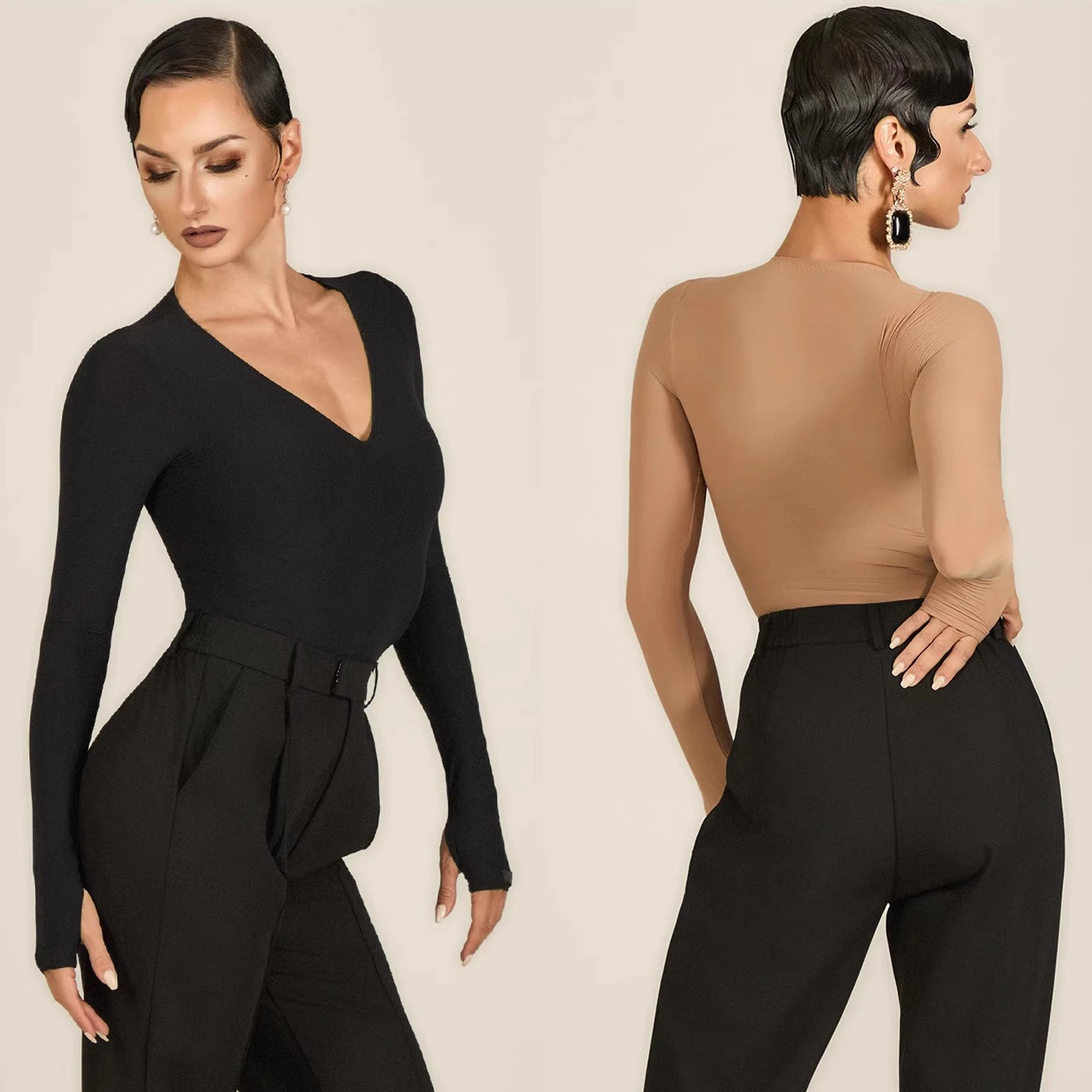 2025 الشتاء اللاتينية أزياء رقص للنساء طويلة الأكمام الخامس الرقبة تشاتشا تانجو السامبا الرقص سيدة ممارسة ملابس تدريب DQL12018 #1