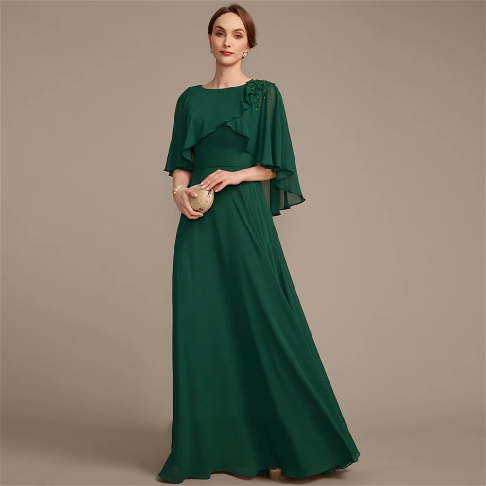 

elegant Simple Women's Chiffon Wedding Guest Dress Mother of the bride Sequined Crew Half Sleeve Draped Floor-length Dress