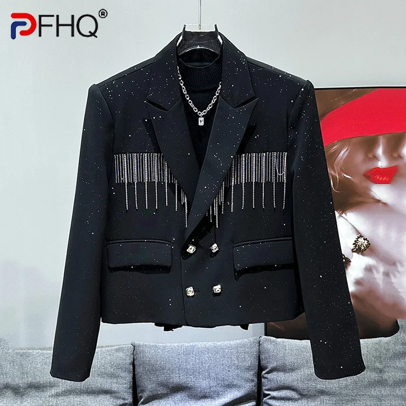 PFHQ 2024 Spring Autumn New Tassel Decoration Design Short Suit Korean Fashion Long Sleeve Luxury Male Tops Casual 21Z5737