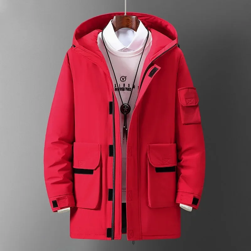 Inverno novos homens jaqueta de comprimento médio pato branco para baixo engrossar quente acolchoado jaqueta masculina moda casual tamanho grande com capuz parkas