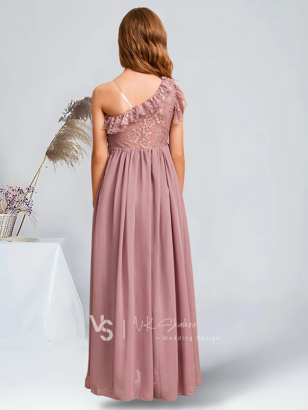 A Elegant A-Line One Shoulder Floor-Length Chiffon Lace Junior Bridesmaid Dresses Vintage Mauve Enchanting Flower Girl Dresses