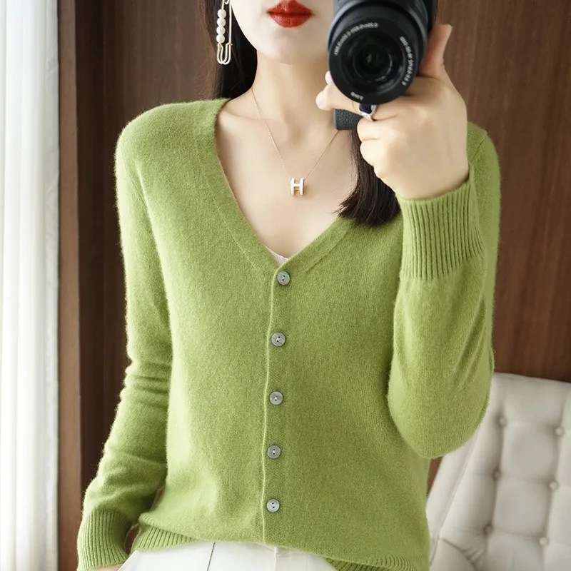 Autumn Winter Women Wool Blend Sweater V-neck Solid Color Cardigan Female Warm Casual Knitted Bottoming Coat Comfortable Tops