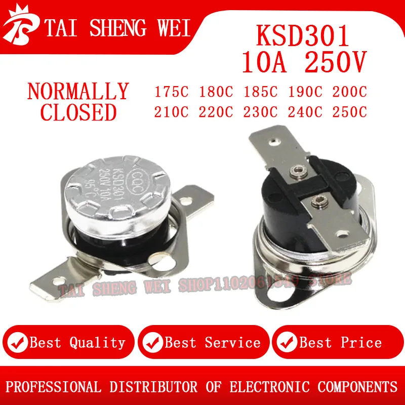 Termostato bimetálico KSD301 10A 250V 155C 160C 170C 180C 200C 210C 220C ~ 300C 320C 350C interruptor de temperatura Control térmico 5 uds